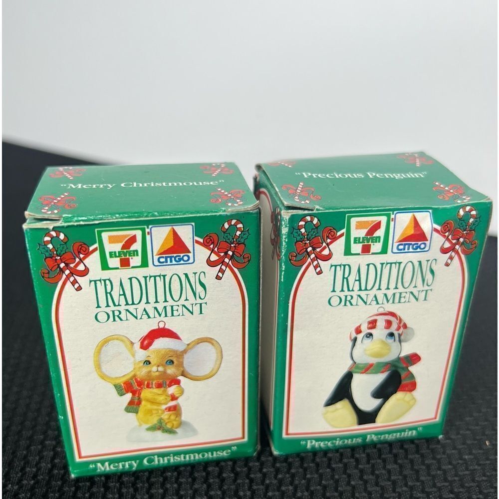 Set Of 2 Vntg 7-11/CITGO Traditions Christmas Ornaments 1993 Ceramic Mouse Pengu